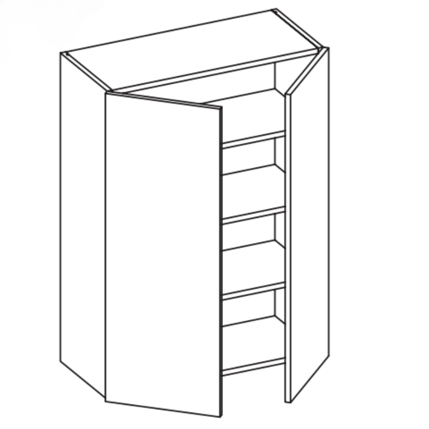Line drawing of a cabinet with two doors and shelves inside.